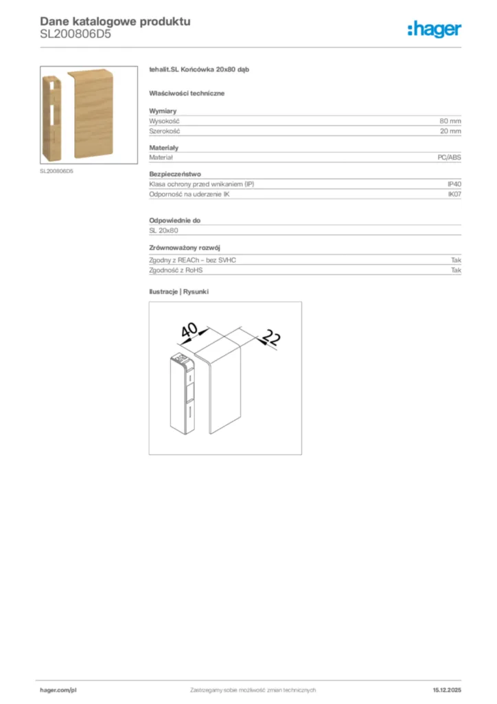 Zdjęcie Hager Karta katalogowa SL200806D5 | Hager Polska