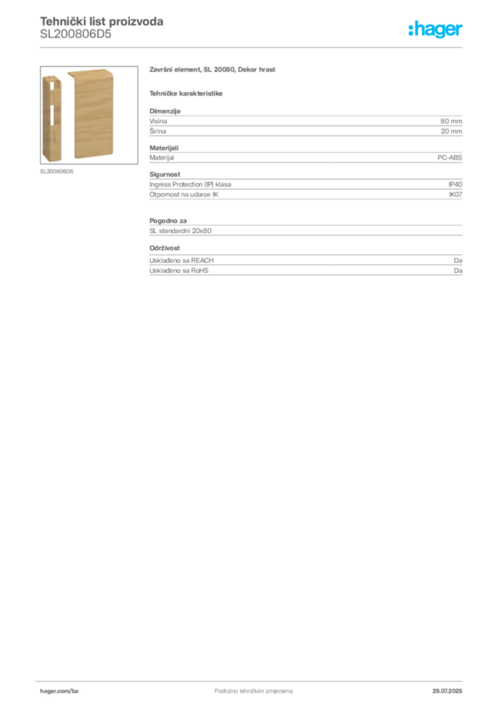 Slika Hager Product data sheet SL200806D5  | Hager