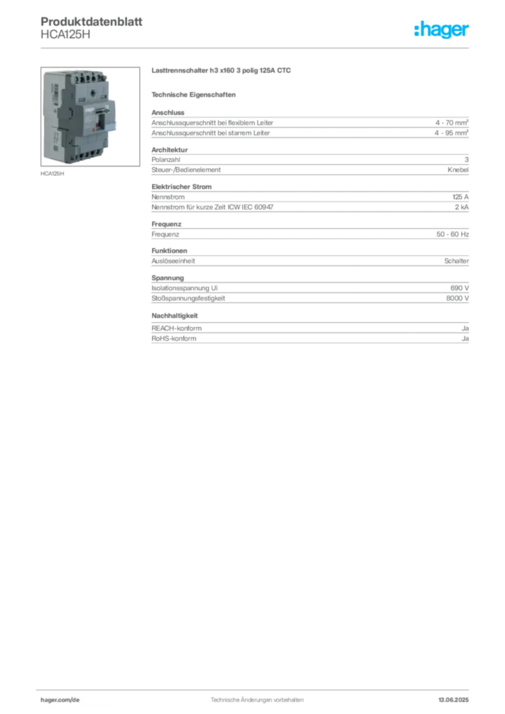 Hager Produktdatenblatt HCA125H