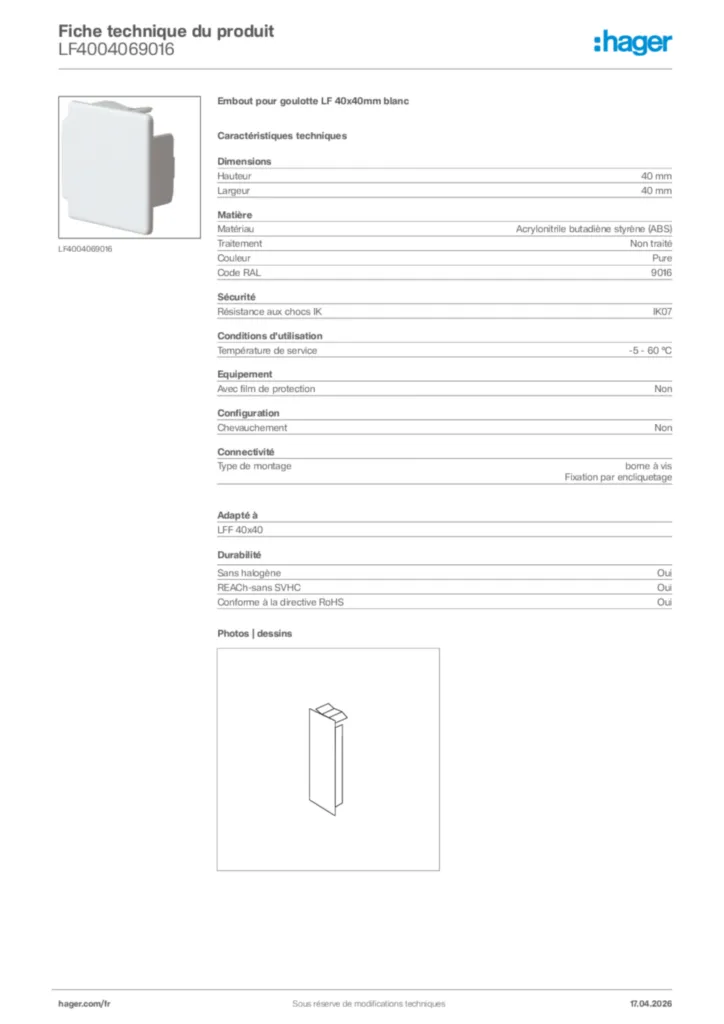 Image Hager Fiche technique du produit LF4004069016 | Hager France