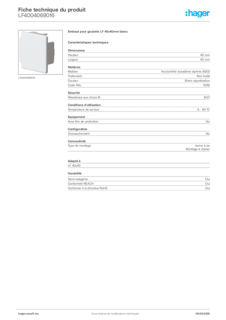 Image Hager Fiche technique du produit LF4004069016 | Hager Belgique