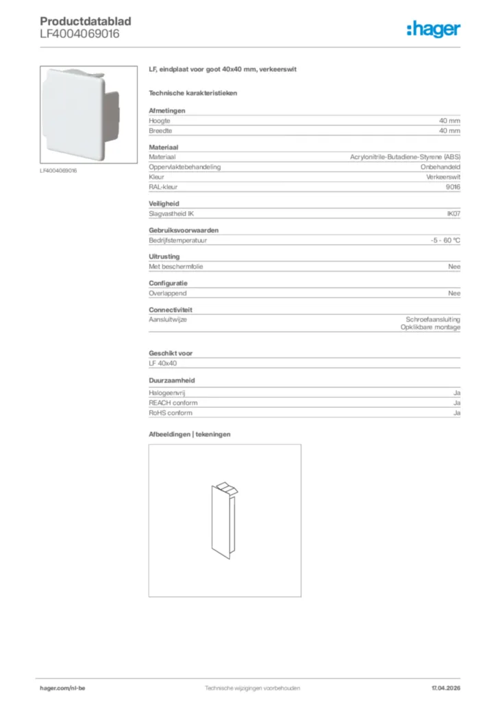 Afbeelding Hager Productdatablad LF4004069016 | Hager Belgium