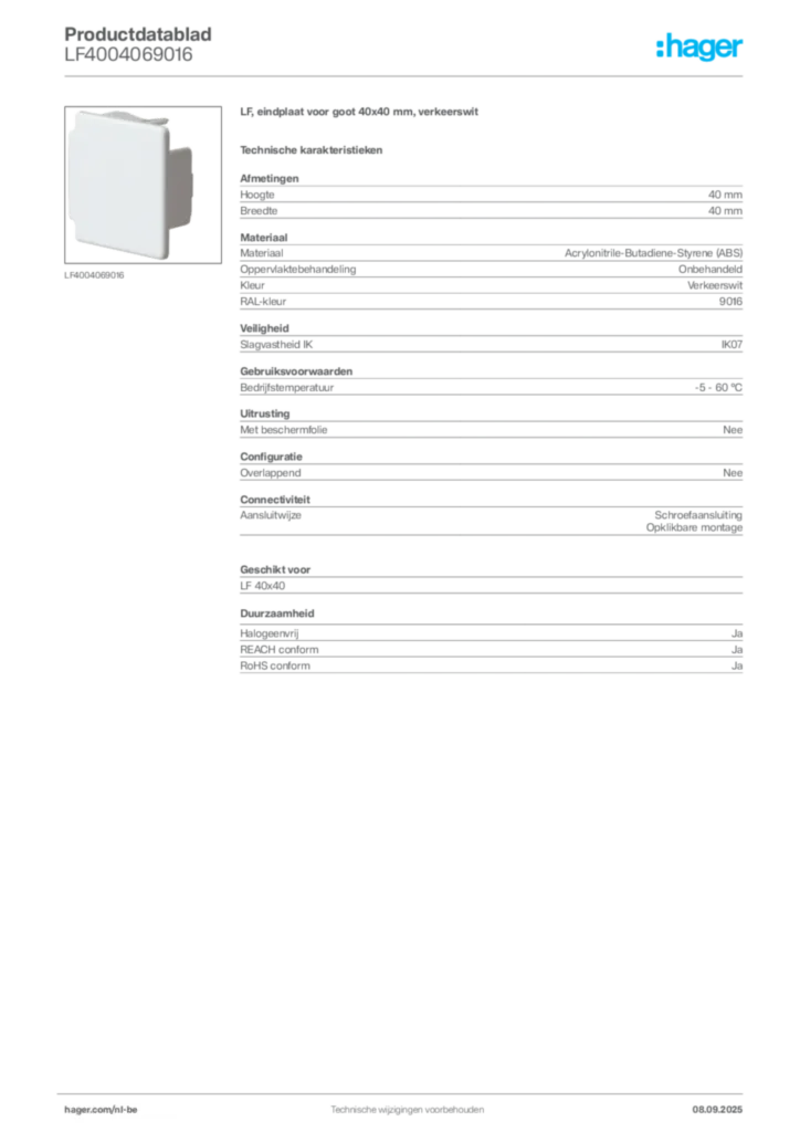 Afbeelding Hager Productdatablad LF4004069016 | Hager Belgium