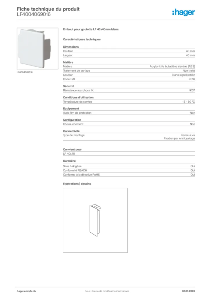 Image Hager Fiche technique du produit LF4004069016 | Hager Suisse
