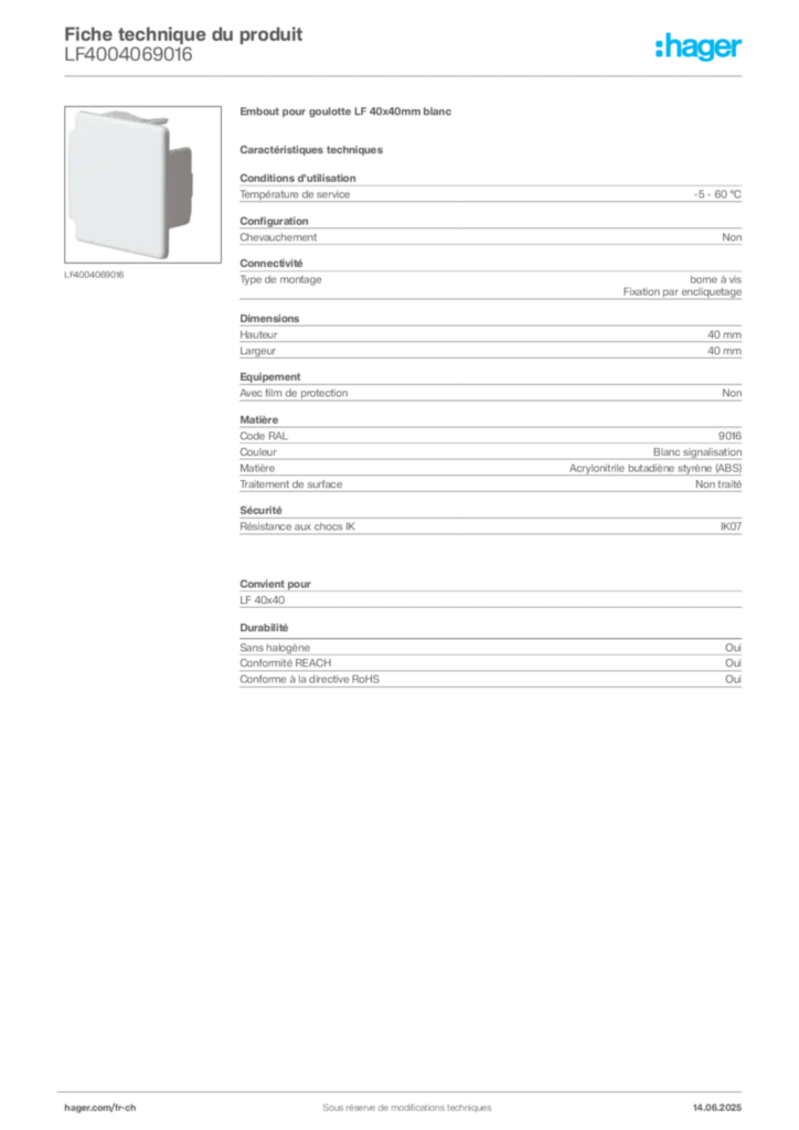 Image Hager Fiche technique du produit LF4004069016 | Hager Suisse