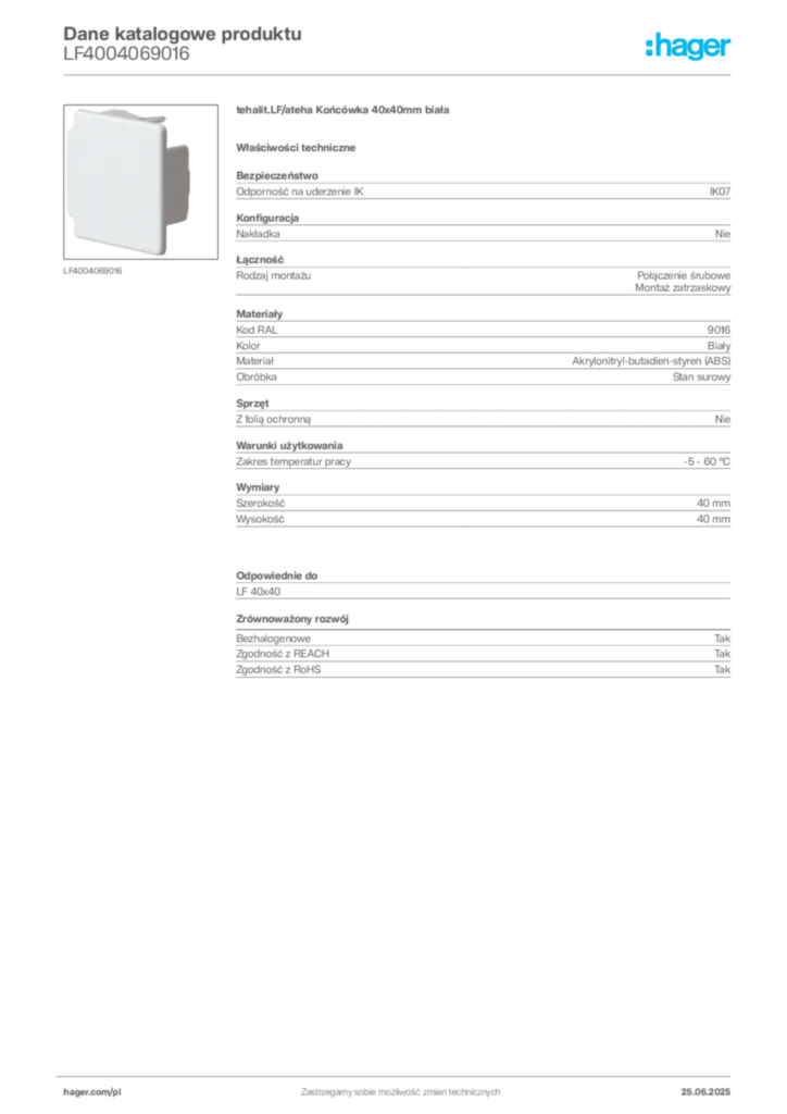Zdjęcie Hager Karta katalogowa LF4004069016 | Hager Polska
