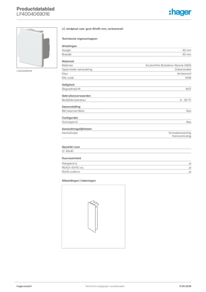 Afbeelding Hager Productdatablad LF4004069016 | Hager Nederland