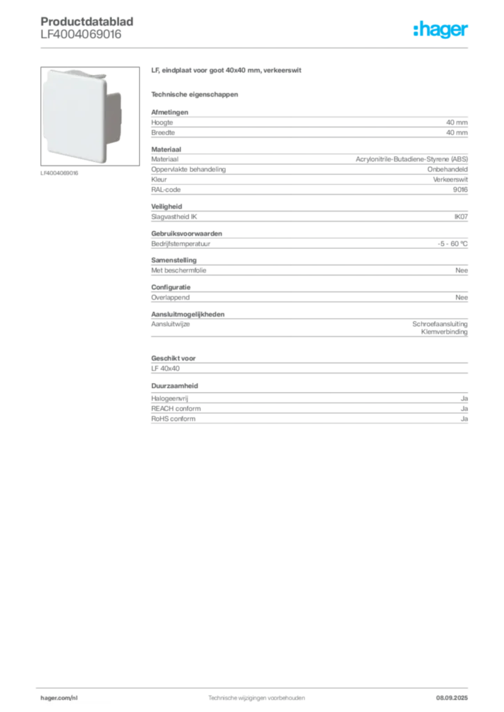 Afbeelding Hager Productdatablad LF4004069016 | Hager Nederland