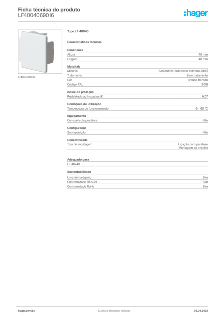 Imagem Hager Ficha técnica do produto LF4004069016 | Hager Portugal