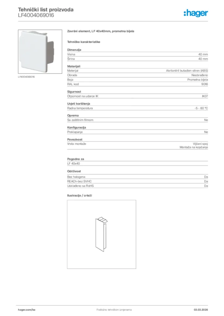 Slika Hager Tehnički list proizvoda LF4004069016  | Hager