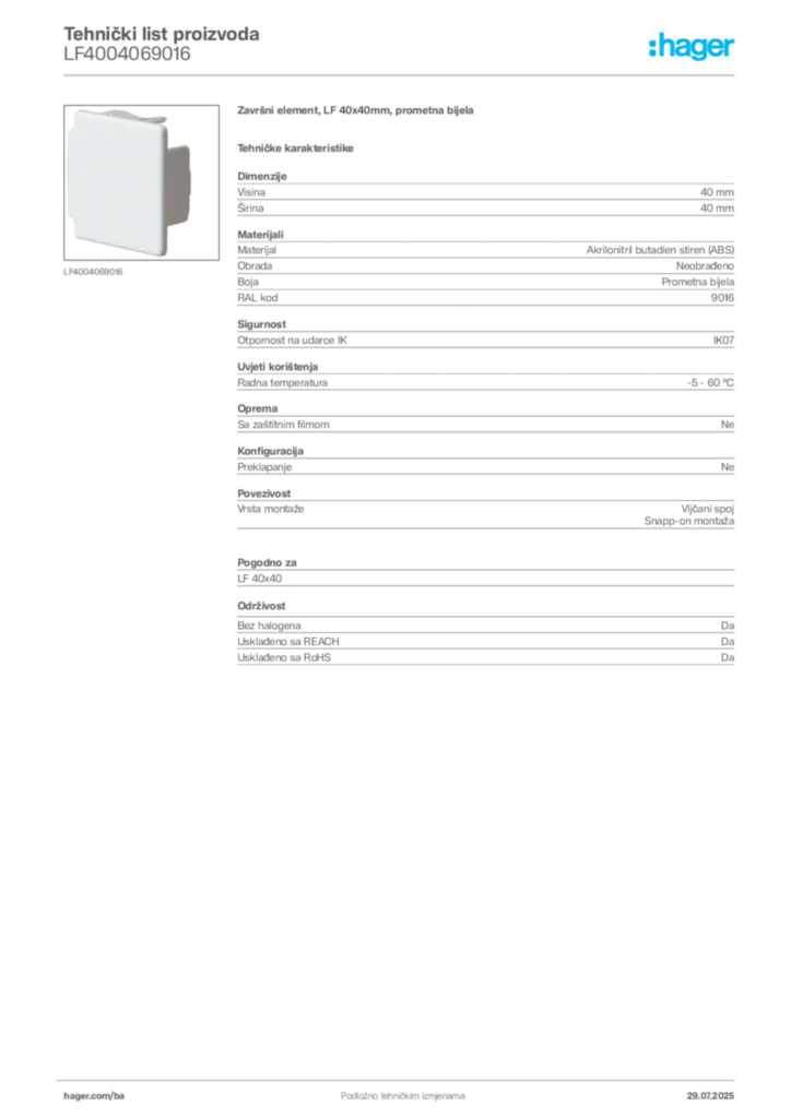 Slika Hager Product data sheet LF4004069016  | Hager