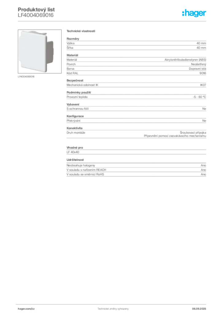 Obrázek Hager Produktový list LF4004069016 | Hager