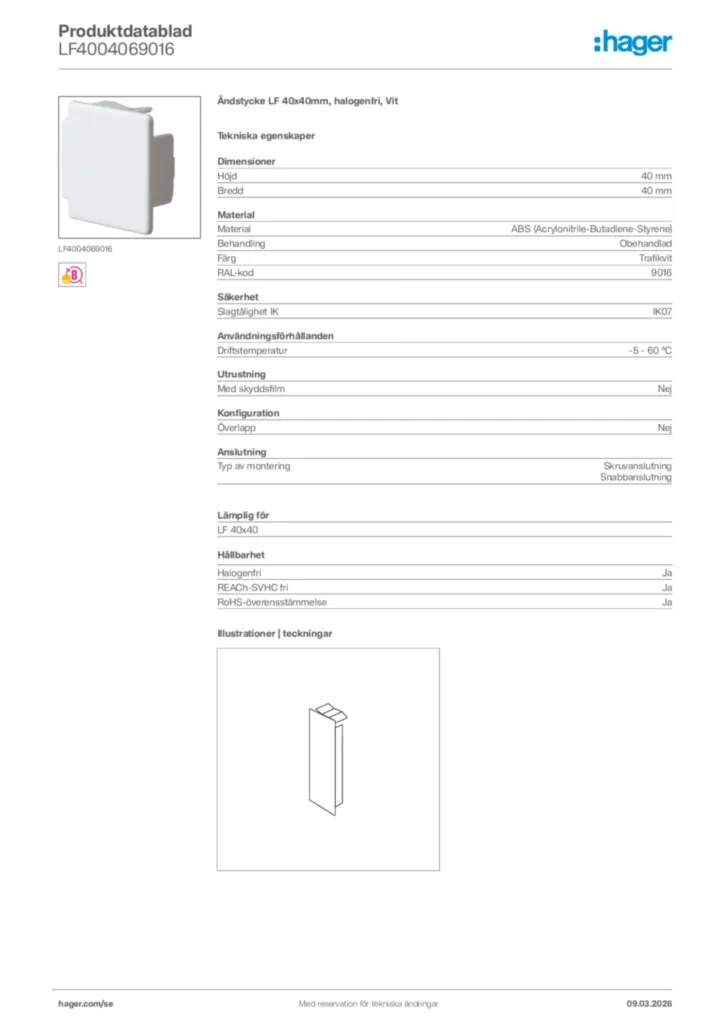 Bild Hager Produktdatablad LF4004069016 | Hager Sverige
