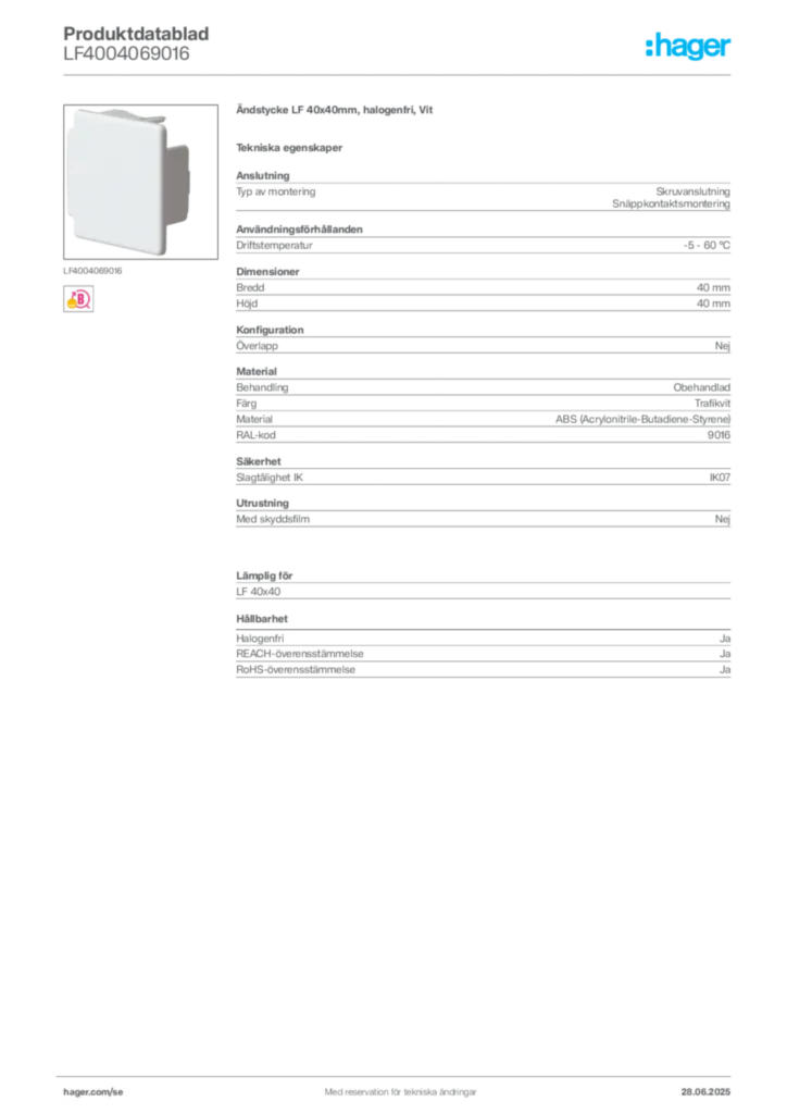 Bild Hager Produktdatablad LF4004069016 | Hager Sverige