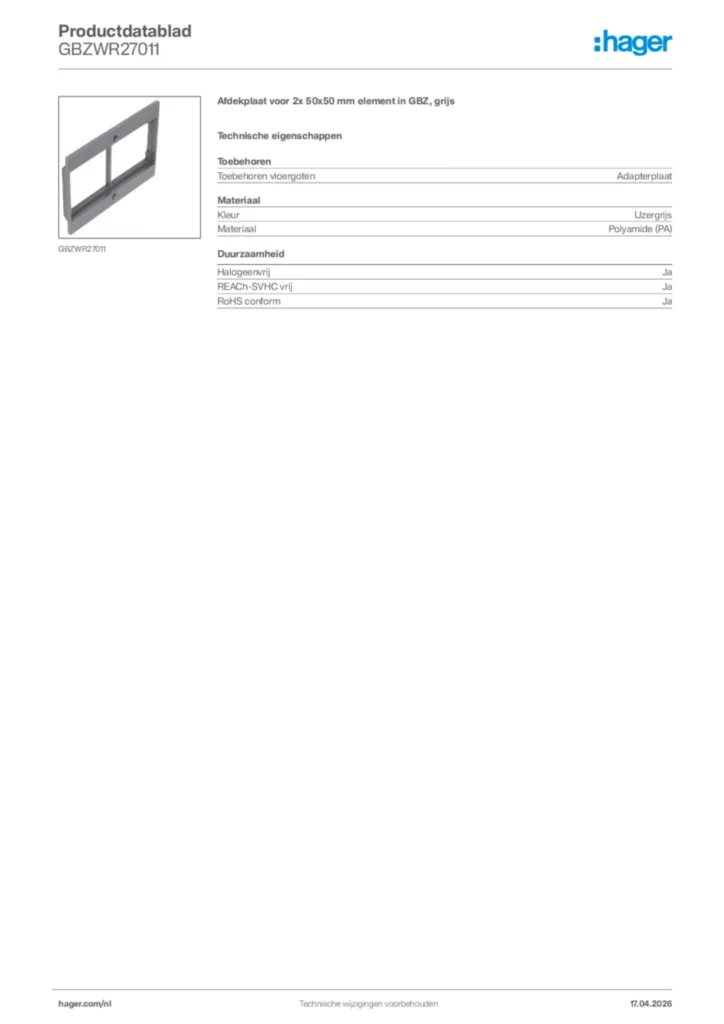 Afbeelding Hager Productdatablad GBZWR27011 | Hager Nederland