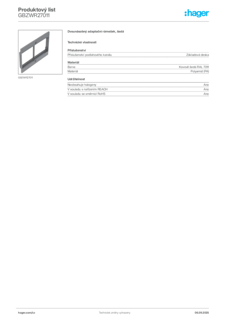 Obrázek Hager Produktový list GBZWR27011 | Hager