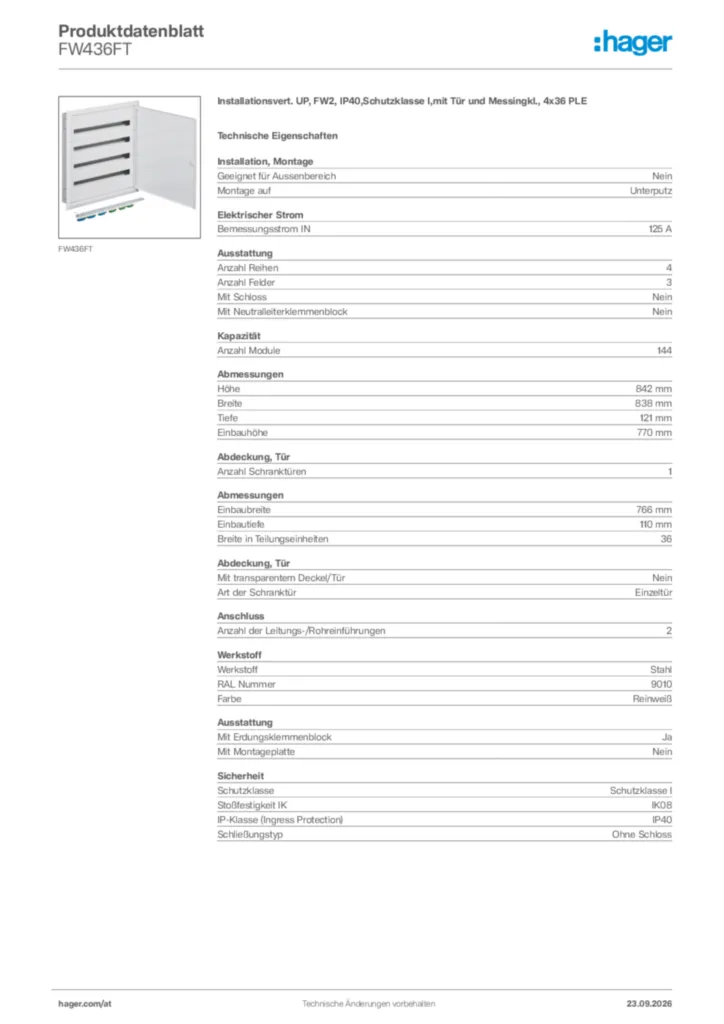 Bild Hager Produktdatenblatt FW436FT | Hager Deutschland