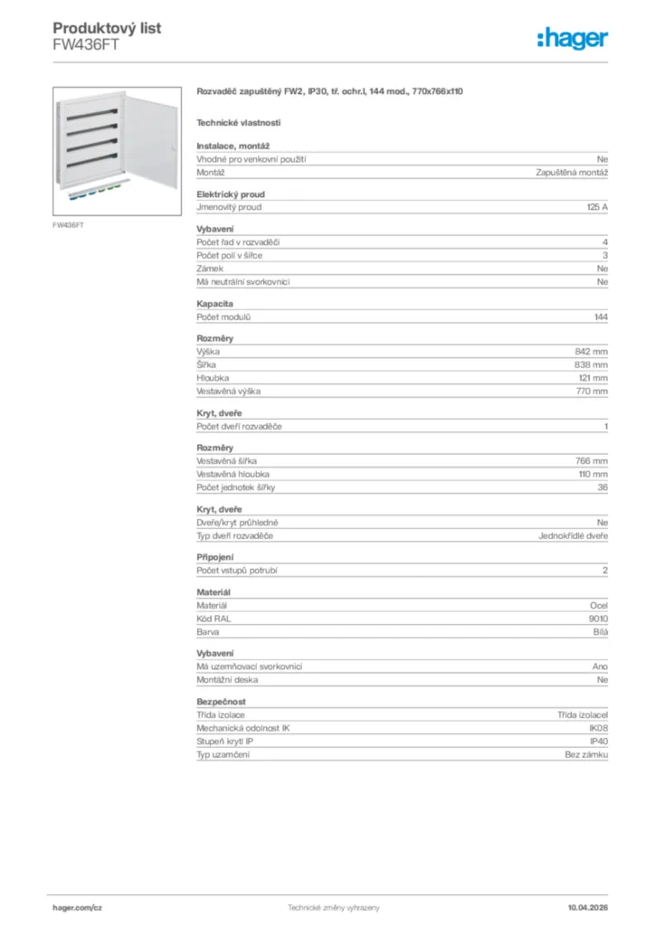 Obrázek Hager Product data sheet FW436FT | Hager