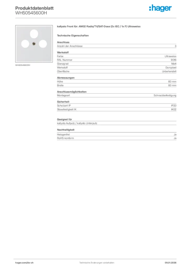 Bild Hager Produktdatenblatt WH50545600H | Hager Schweiz