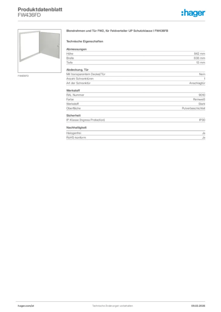Bild Hager Produktdatenblatt FW436FD | Hager Deutschland