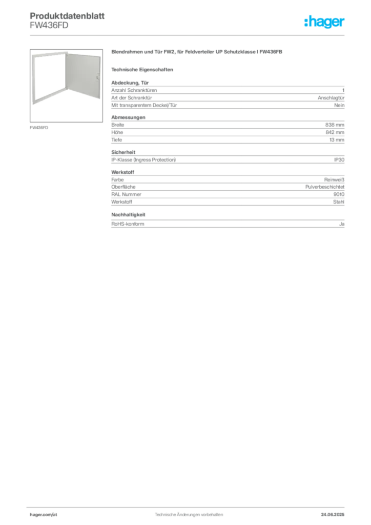 Bild Hager Produktdatenblatt FW436FD | Hager Deutschland