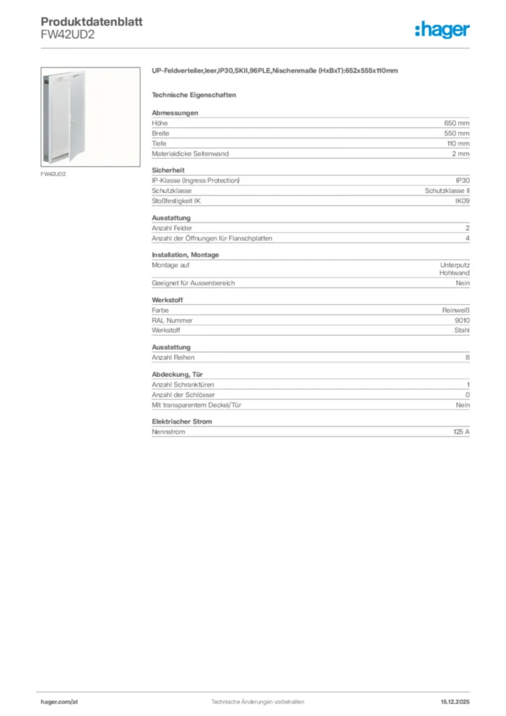 Bild Hager Produktdatenblatt FW42UD2 | Hager Deutschland