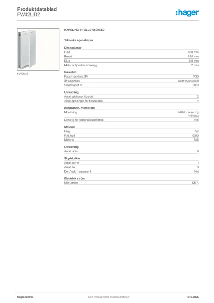 Bild Hager Produktdatablad FW42UD2 | Hager Sverige