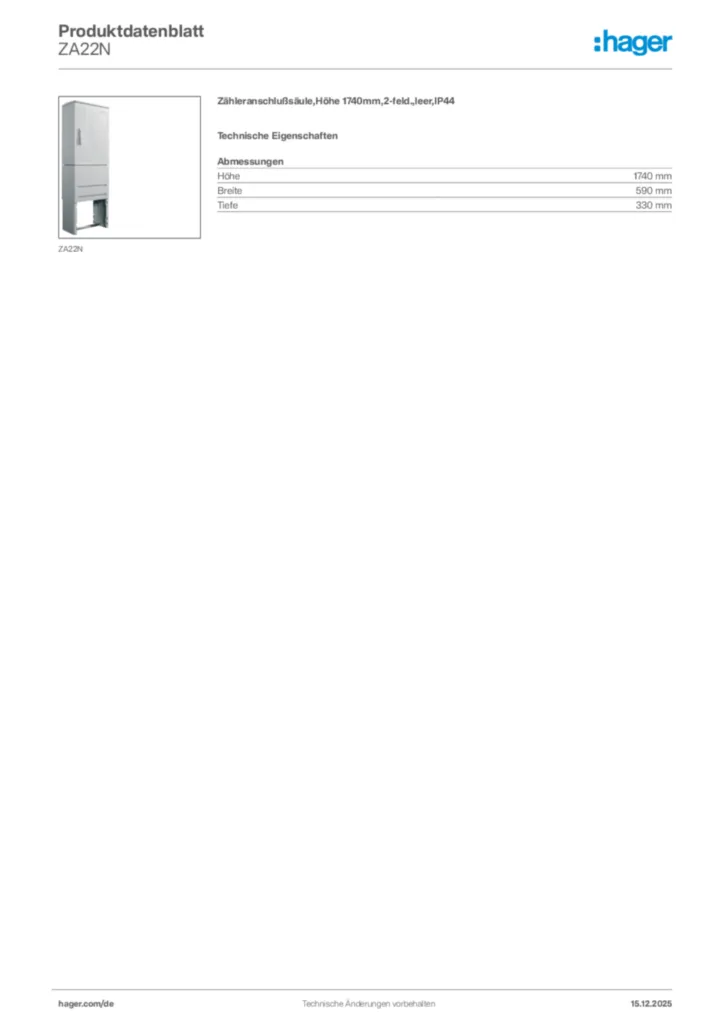 Bild Hager Produktdatenblatt ZA22N | Hager Deutschland