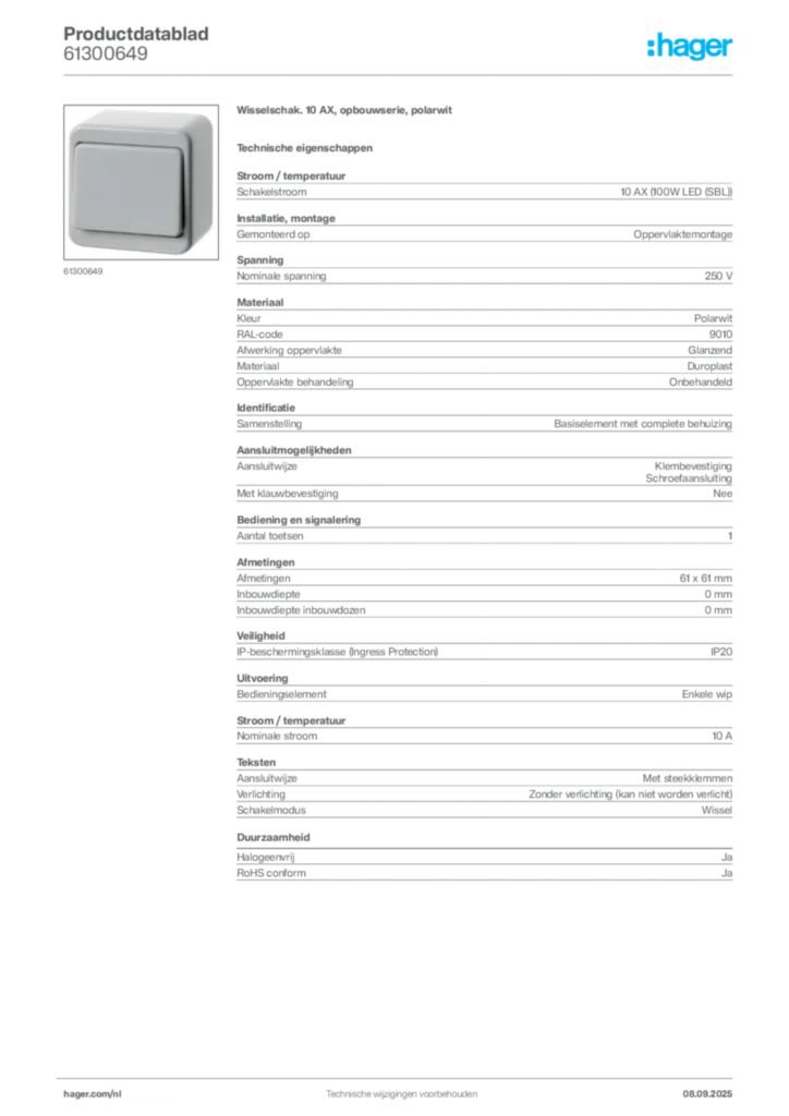 Afbeelding Hager Productdatablad 61300649 | Hager Nederland