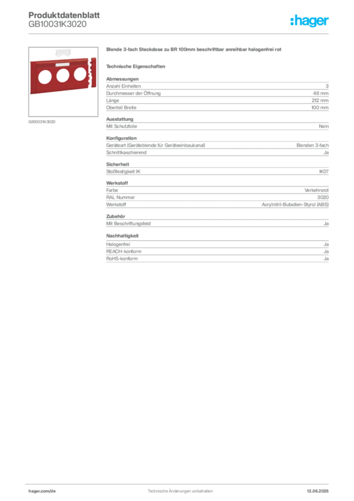 Bild Hager Produktdatenblatt GB10031K3020 | Hager Deutschland