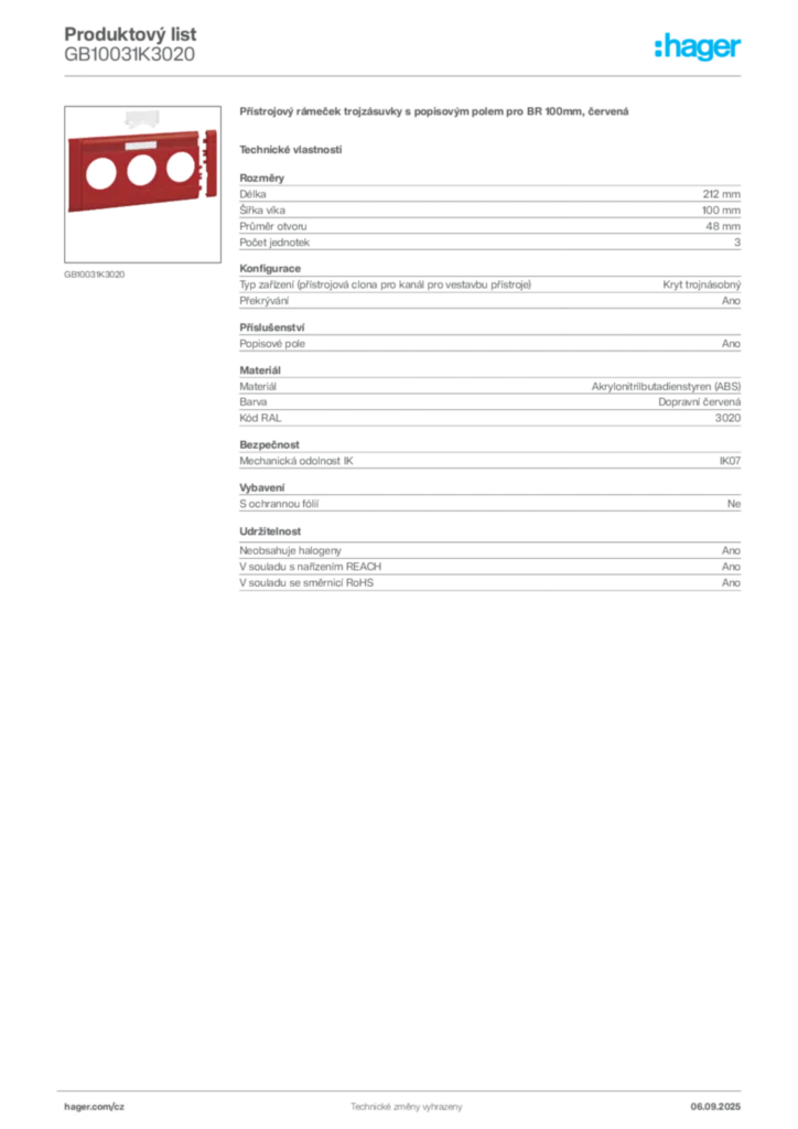 Obrázek Hager Produktový list GB10031K3020 | Hager