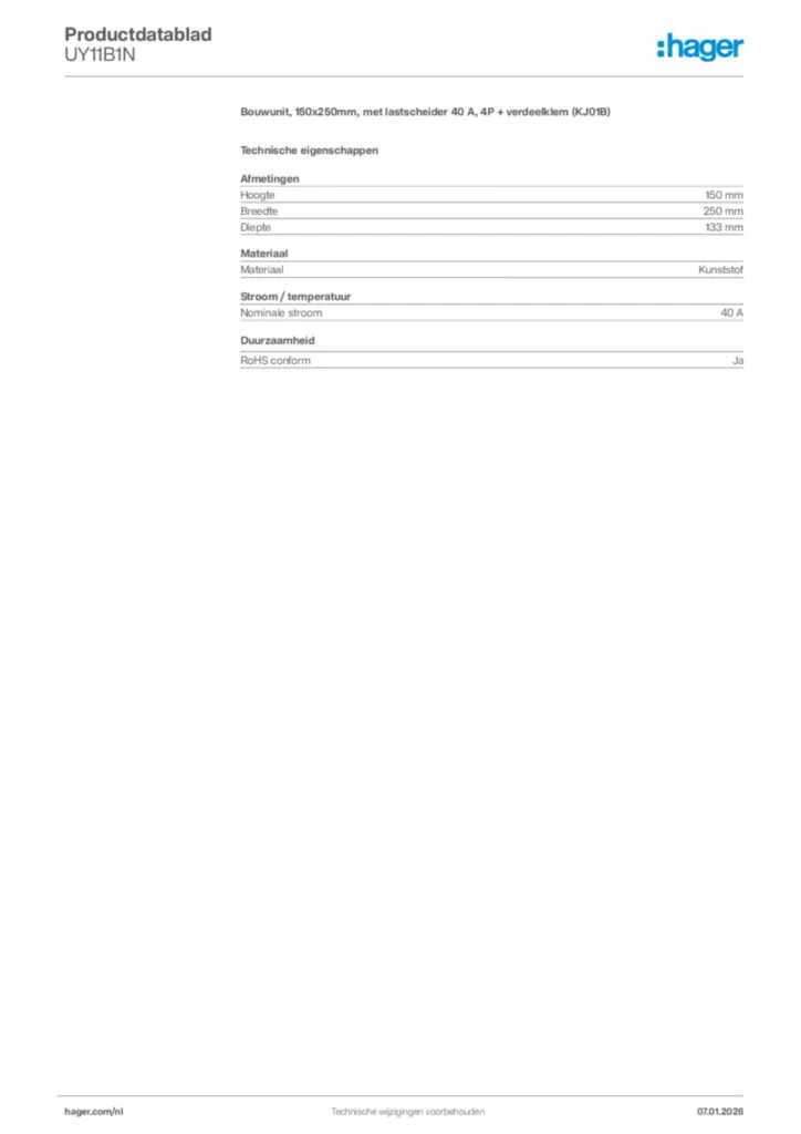 Afbeelding Hager Productdatablad UY11B1N | Hager Nederland