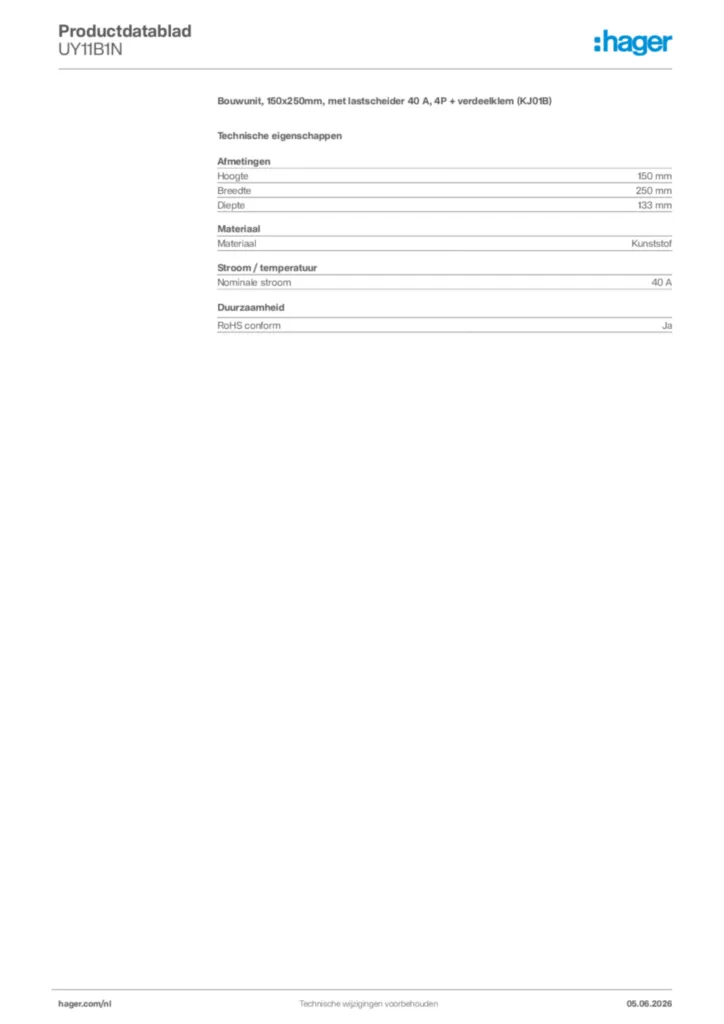 Afbeelding Hager Productdatablad UY11B1N | Hager Nederland