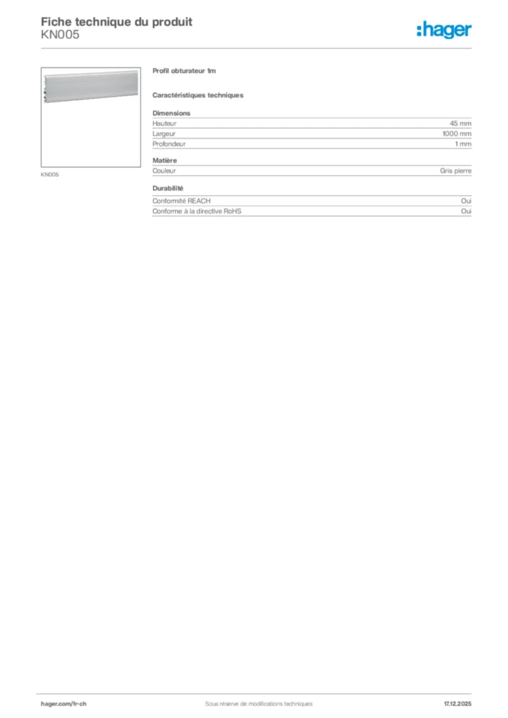 Image Hager Fiche technique du produit KN005 | Hager Suisse