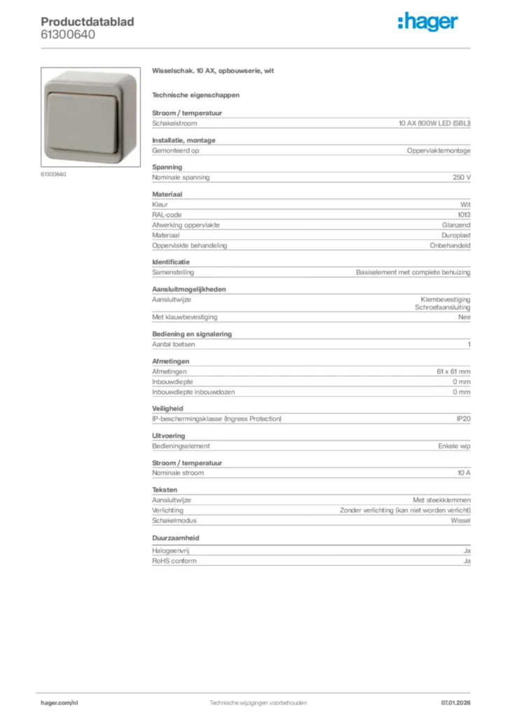 Afbeelding Hager Productdatablad 61300640 | Hager Nederland