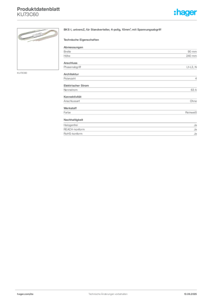 Hager Produktdatenblatt KU73C60