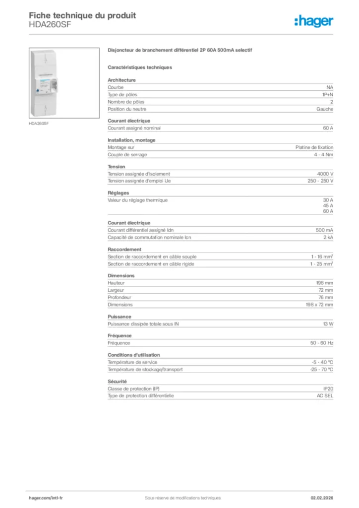 Image Hager Fiche technique du produit HDA260SF | Hager Afrique