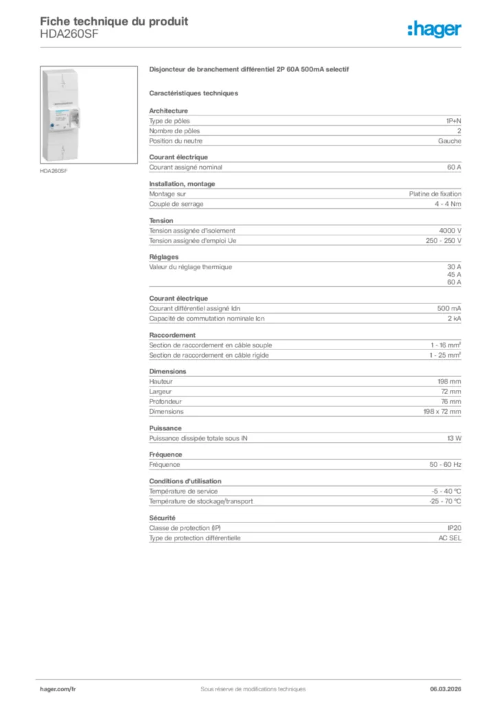Image Hager Fiche technique du produit HDA260SF | Hager France
