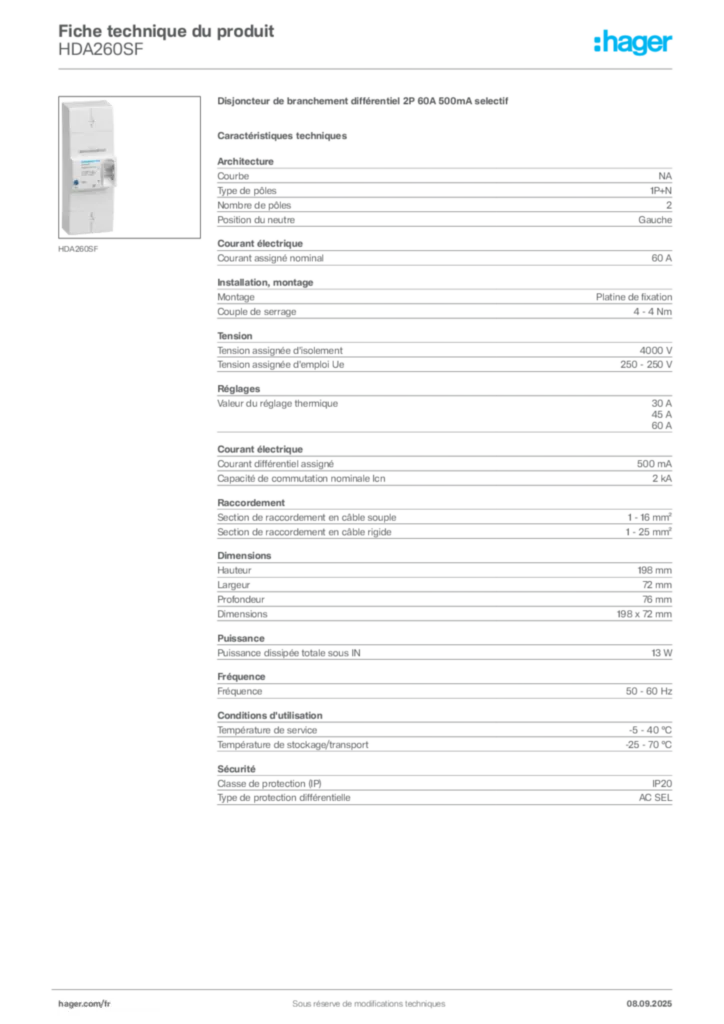 Image Hager Fiche technique du produit HDA260SF | Hager France