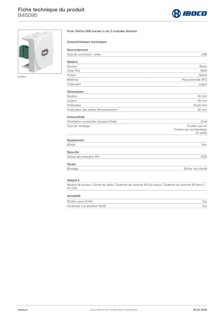 Image Iboco Fiche technique du produit B45098 | Hager France