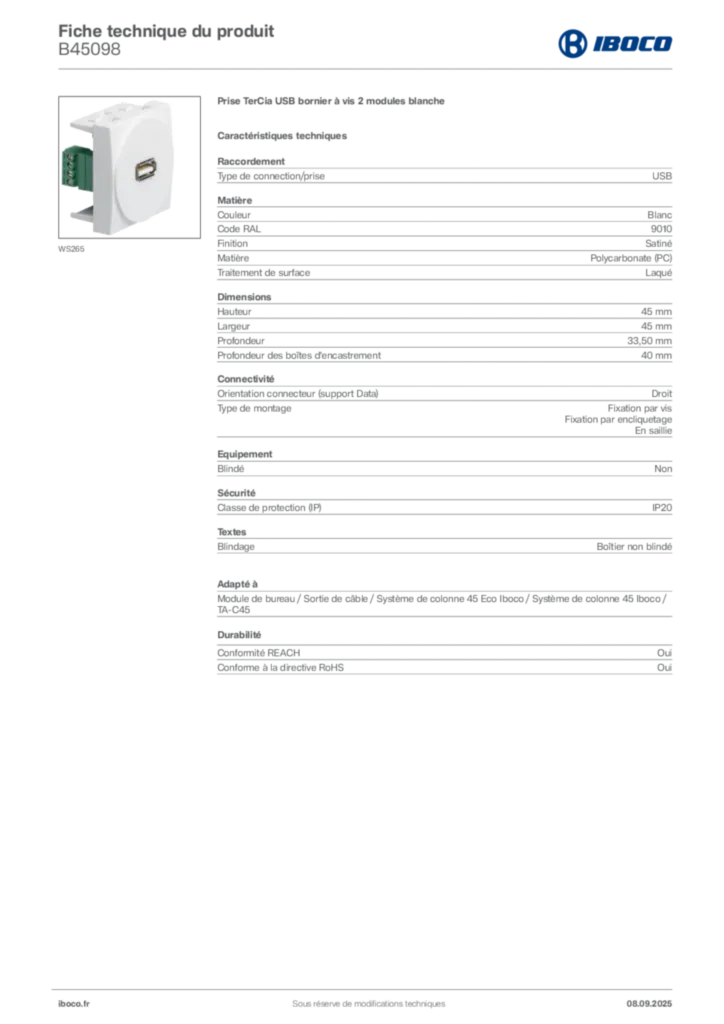 Image Iboco Fiche technique du produit B45098 | Hager France