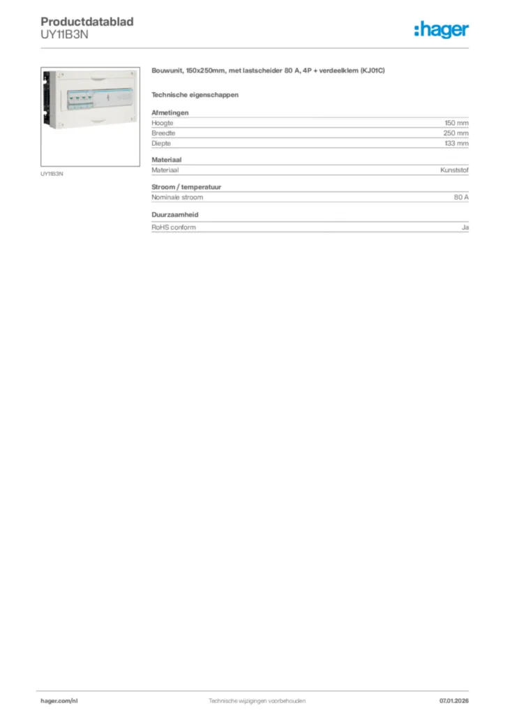 Afbeelding Hager Productdatablad UY11B3N | Hager Nederland