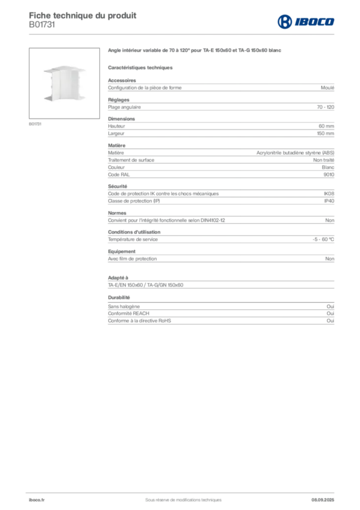 Image Iboco Fiche technique du produit B01731 | Hager France
