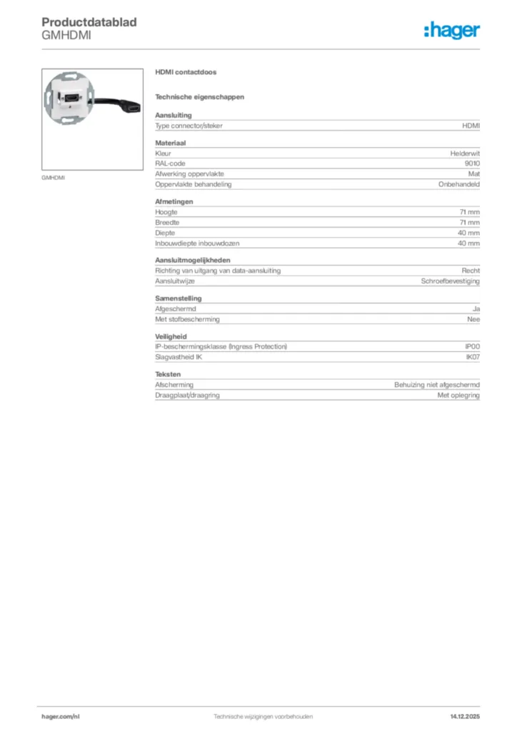 Afbeelding Hager Productdatablad GMHDMI | Hager Nederland