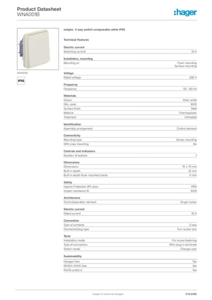 Image Hager Product data sheet WNA001B  | Hager Africa