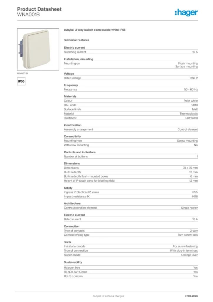 Image Hager Product data sheet WNA001B  | Hager Africa