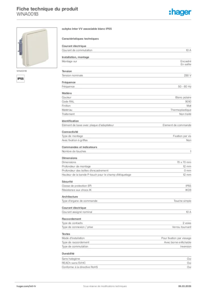 Image Hager Fiche technique du produit WNA001B | Hager Afrique