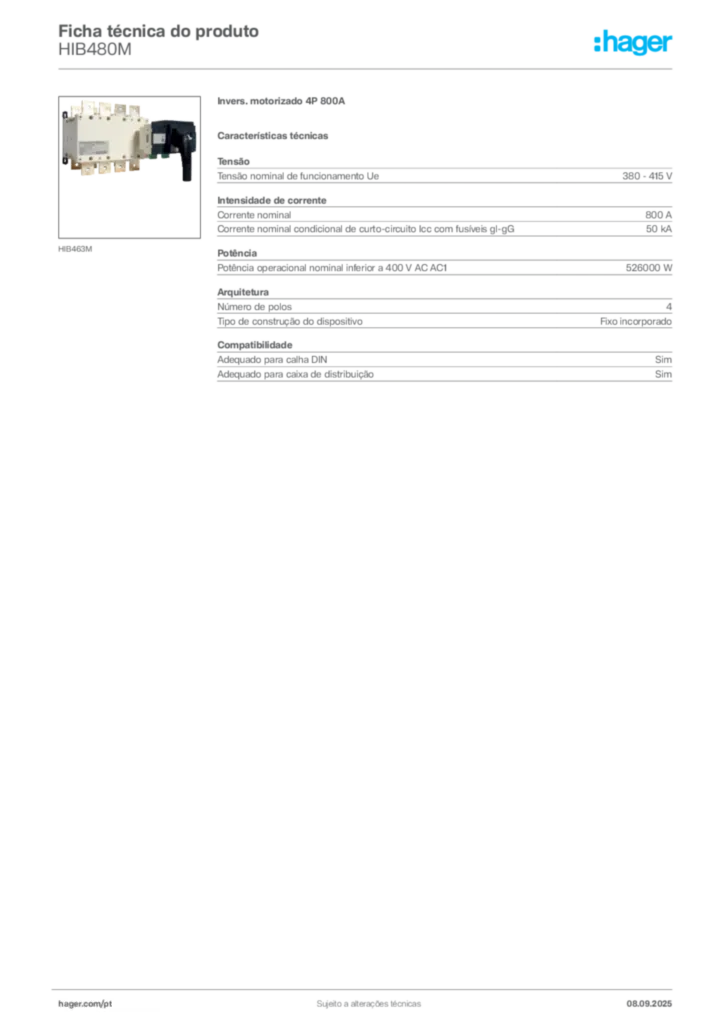 Imagem Hager Ficha técnica do produto HIB480M | Hager Portugal