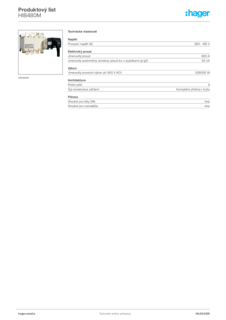 Obrázek Hager Produktový list HIB480M | Hager
