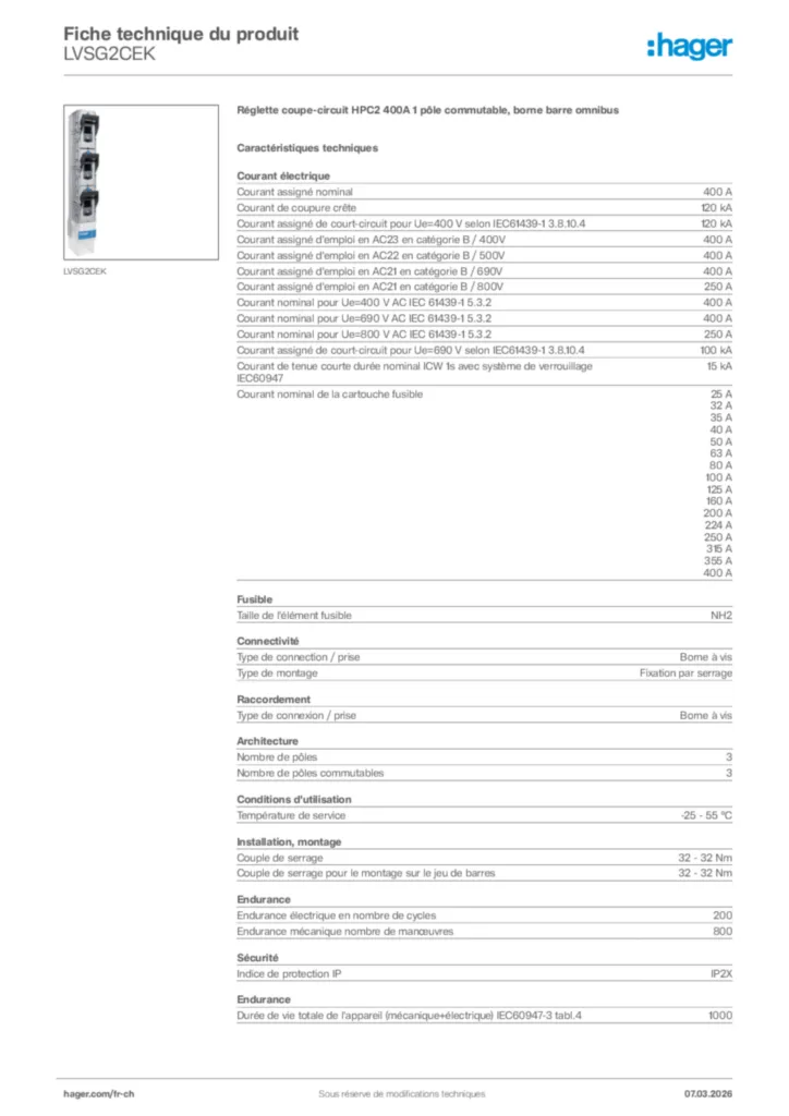 Image Hager Fiche technique du produit LVSG2CEK | Hager Suisse